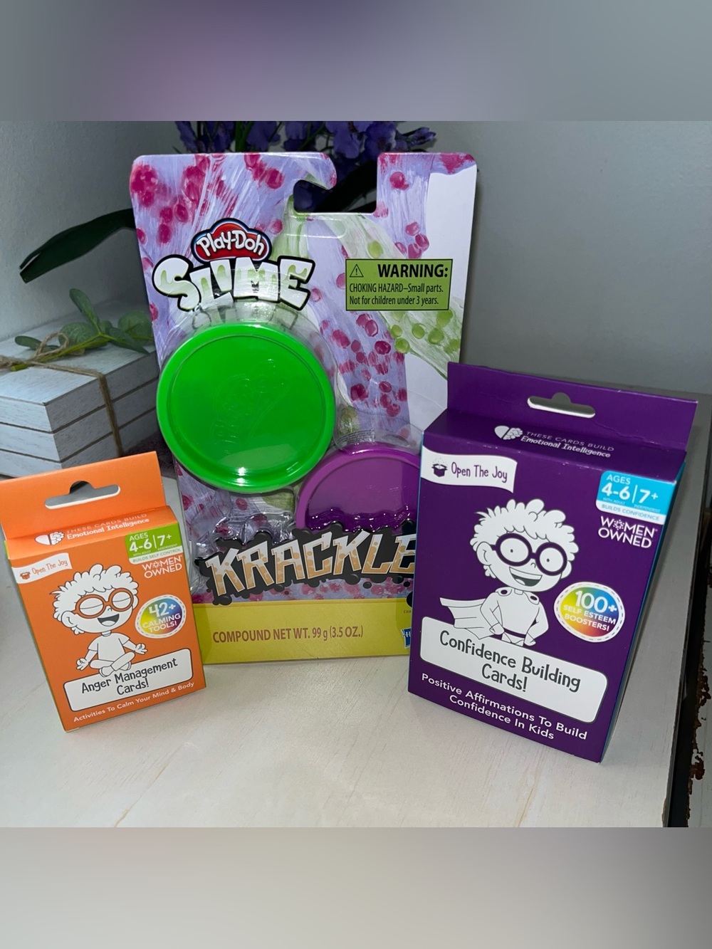 NIB Open the Joy Anger Mgmnt Card Game, Confid Building,PlayDoh Krackle Slime